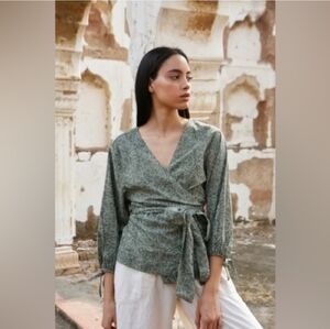 Mirth Krabi Wrap Top Moss Green Geometric Print Cotton Boho Kimono Large